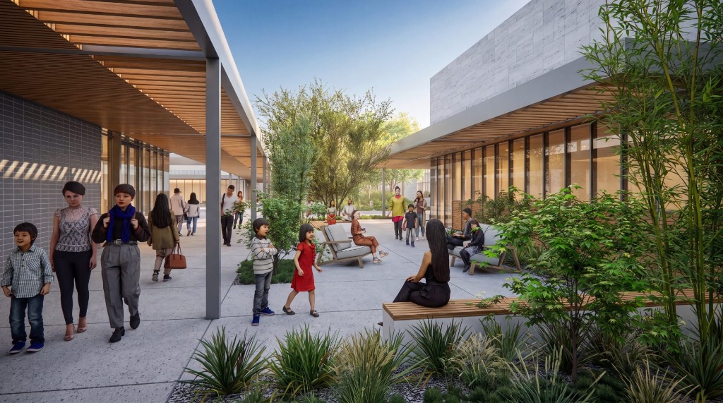 Concept rendering of shaded garden courtyards weaving between the museum pavilions