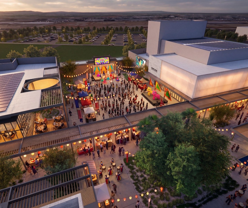 Architectural rendering of a cultural festival in the museum plaza with performances, lanterns, and community gatherings
